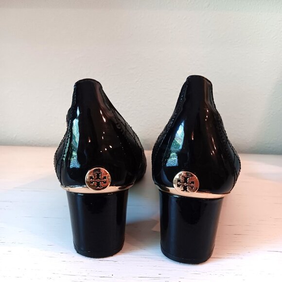 EUC 💥 BEAUTIFUL TORY BURCH BLACK LEATHER / PATENT LEATHER BLOCK HEELS ~ SIZE 9 - Picture 3 of 8